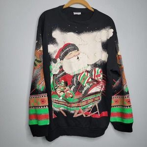 L Painted Vintage Santa Sweatshirt Christmas Holiday Sweater CC